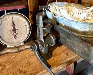 Vintage items, meat grinder, tin buckets 