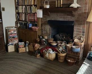 Baskets and more baskets.  Built in bookcase with cookbooks