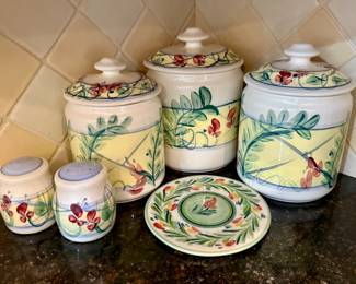 Gail Pittman signed canisters, salt & pepper and trivet