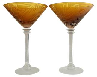 Signed Etched Amber Wine Glasses