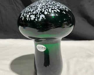 Blenko Hand Blown Art Glass Emerald Green Speckled Mushroom