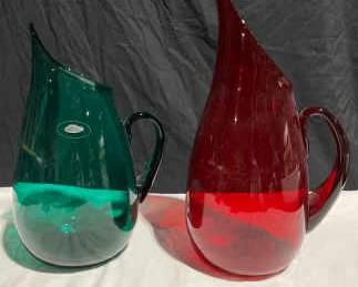 Blenko Glass Ruby Red Embrals Green Pitchers