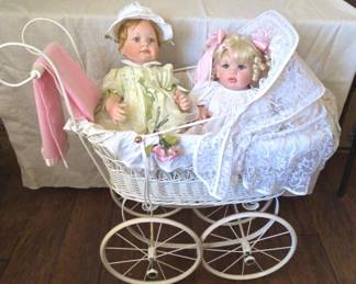 Two Dolls In White Wicker Buggy