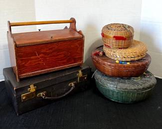 Vintage Wood Woven Sewing Baskets