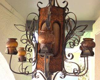 Gorgeous Terracotta Wood Amber Glass MidCentury Light Fixture