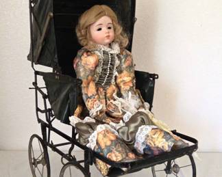 Porcelain Victorian Doll In A Victorian Antique Buggy