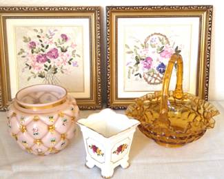 Pink EAPG, Painted Vase, Ribbon Embroidery Floral Art Fenton Glass
