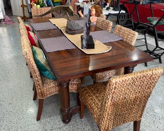 Pottery Barn Butcherblock Table with 2 leaves & 8 Seagrass Chairs
