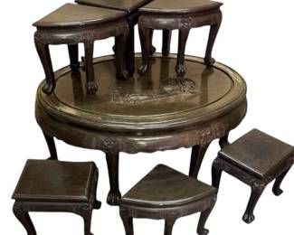Chinese carved low table with stools