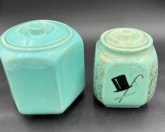 2~ Pale Turquoise Vintage Canisters * Basket Weave & Gilded * USA Shawnee Pottery