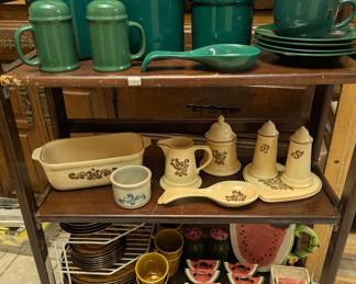 Pfaltzgraff Village Stoneware, Watermelon pitcher, napkin rings, tooth pick holder, 