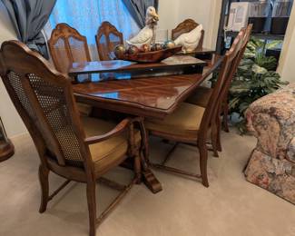 Dining Table, 6 Cane Back Chairs, 2 Leaves