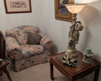 Floral over stuffed chair, Cherub Lamp