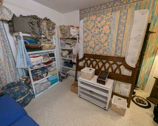 Drexel bed with mattress set, linens, bedding, napkins, placemats