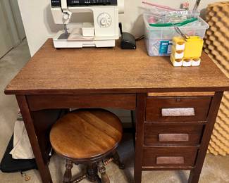 Small Desk, Stool, Sewing Machine and notions
