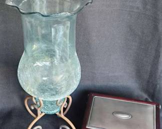 VB007Vintage Hurricane Blue Glass Vase, Wooden Silver Jewelry Box
