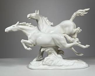 German Porcelain Horses Figure | Hutschenreuther porcelain group of white running horses, "In Freiheit" [In Freedom], Marked on the bottom. - h. 11 x w. 5.75 x l. 15 in