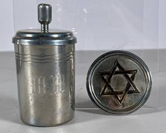 (2pc) Silver & Leon Fontier Pewter | Including a Judaica sterling medallion (0.438 ozt) and a Leon Fontier pewter vessel with incised signature "Pewter Fontier" on the bottom, dated 1989.  - h. 3.75 x dia. 2 in (Tallest)


