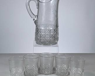 (6pc) Pitcher and Glasses | Cut glass pitcher and five matching glasses with etched decoration. - h. 10.5 x dia. 4.75 in (Pitcher)


