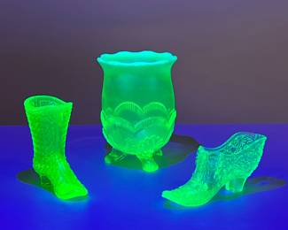 (3pc) Uranium Glass | Including two cut glass shoe vessels and a three footed vase. - h. 5.5 x dia. 4 in (vase)


