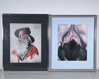 (4pc) Framed Art Prints | Including a Georgia O'Keeffe abstract floral in mauve frame, a Norman Rockwell print of a bearded gentleman with hat in a silver frame, a German expressionist style portrait of a man, and a print of a portrait of a young woman by Peter Paul Rubens. - h. 20 x w. 17 in (largest)
