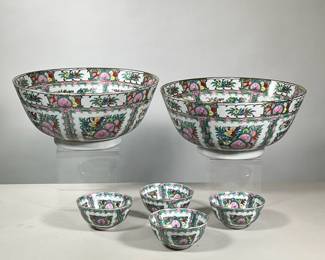 (6pc) Chinese Famille Rose Bowls | Including two center bowls and four smaller bowls (dia. 5 in.) - h. 6.25 x dia. 14.25 in (largest)


