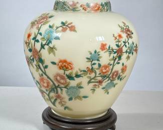 Chinese Style Floral Lamp | Printed floral decoration on a blown milk glass jar. - h. 28 x dia. 20 in (with shade)


