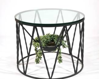 Round Planter Side Table | Wrought iron twisted drum base with jardinere / planter in the center, having a thick round glass top. - h. 23.5 x dia. 30 in


