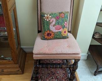 ANTIQUE UPHOLSTERED AND BRASS TACKED SIDE CHAIR