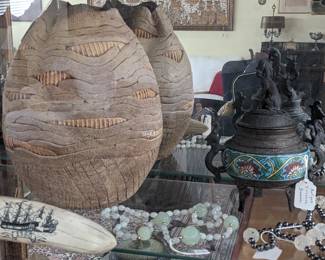 SCRIMSHAW,  HAND THROWN STONEWARE VASE, CLOISONNE BRONZE DRAGON INCENSE BURNER, NECKLACES