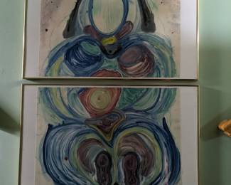 2 PANEL MONOTYPE ORIGINAL PAINTINGS SIGNED HARPER