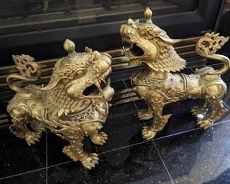 LARGE PAIR OF ANTIQUE GILTED BRONZE FU DOGS  ... THESE HAVE TO WEIGH AT LEAST 30 LBS.