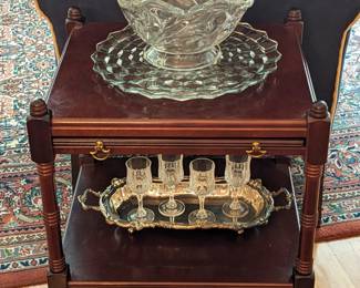 BOMBAY SHOP SMALL REPRODUCTION MAHOGANY TABLE WITH DRAWER & PULLOUT SHELF
