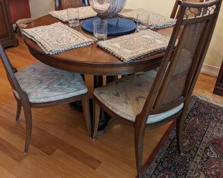 MID CENTURY ROUND PEDESTAL TABLE & 4  TOSCANY CHAIRS by DIXON POWDERMAKER FURNITURE CO.  (Cane backing is loose on chairs)