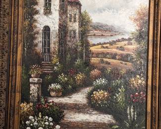 LARGE SIGNED OIL on CANVAS MEDITERRANEAN VILLA PAINTING