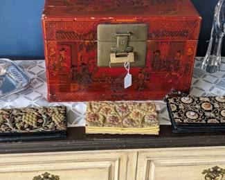 ANTIQUE RED LACQUER CHINESE BRIDAL CHEST AND VINTAGE EMBROIDERED PURSES