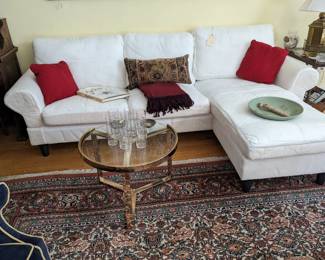 UPPLAND SLIPCOVER SOFA...ROUND BRASS & GLASS COFFEE TABLE