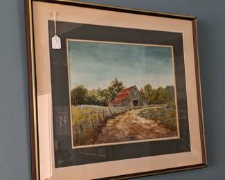 FRAMED  WATERCOLOR of RED BARN COUNTRY LANDSCAPE SIGNED CARROLL
