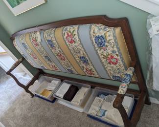 ANTIQUE UPHOLSTERED PEW BENCH MADE INTO A KING SIZE HEADBOARD