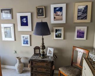 ART PHOTOGRAPHY, PAIR OF ANTIQUE OAK T-BACK CHAIRS,  LARGE HEAVY BRASS COLUMN LAMP