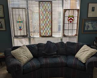 STAINED GLASS WINDDOWS & 3-CUSHION CURVED SOFA