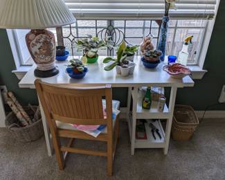 ART GLASS PANEL, IMARI LAMP, AFRICAN VIOLETS, WHITE DESK