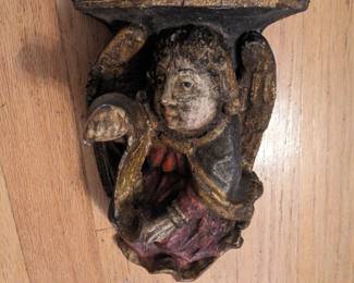 ANTIQUE SPANISH COLONIAL HAND PAINTED CARVED WOOD ANGEL BRACKET