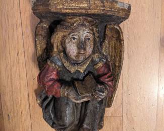ANTIQUE SPANISH COLONIAL HAND PAINTED CARVED WOOD ANGEL BRACKET