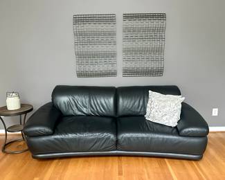 Leather sofa. Pottery Barn "Bartlett" reclaimed wood side table.