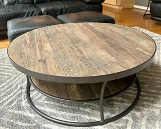 Pottery Barn "Bartlett" reclaimed wood and metal round coffee table