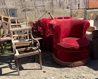 Pair of Large Red Velvet Upholstery Lounge, Barrel-Back Chairs