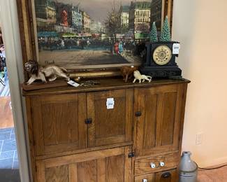 Hoosier Cabinet, Vintage Asonia Table Clock, Ceramic Lion