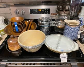 Polish Pottery Pitcher, Pyrex Divided Casserole Dish