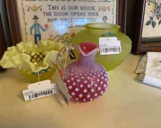Tiffin Art Glass Poppy Vase, Fenton Cranberry Hobnail Pitcher, Fenton Yellow Hobnail Ruffle Bowl